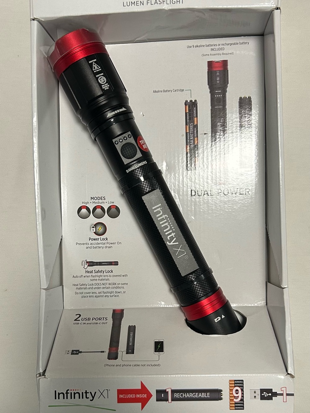 NFINITY Dual Power Flashlight — Black with Red Accents